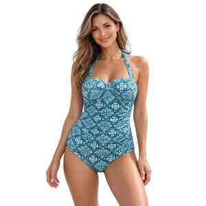 ASSETS by Sara Blakely SPANX Blue Mosaic Halter One-Piece Swimsuit M